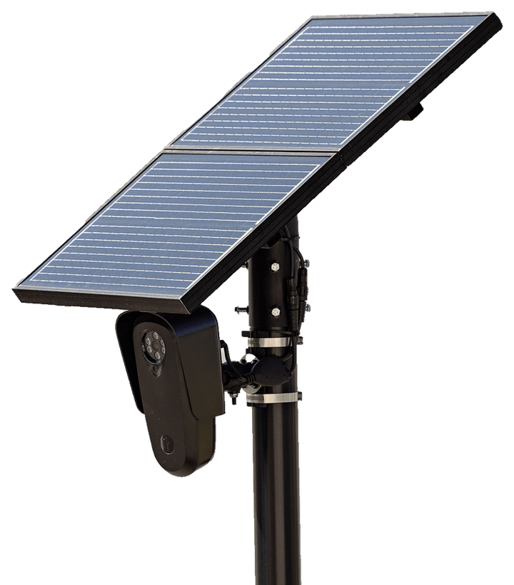 Product cutout of a solar panel above a black automatic license plate reader camera on a pole.